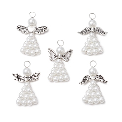 Белый Подвески из перламутровых стеклянных бусин, ангельские прелести, с крыльями из сплава и медной проволокой, белые, 32~34x18~23x6 мм, отверстие : 4 мм