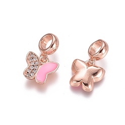 Rose Gold Brass Micro Pave Cubic Zirconia European Dangle Charms, with Pink Enamel, Large Hole Pendants, Cadmium Free & Lead Free, Butterfly, Rose Gold, 20mm, Butterfly: 11x12x3mm, Hole: 5mm
