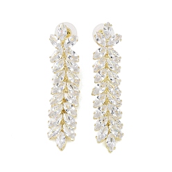Golden Brass Micro Pave Cubic Zirconia Stud Earrings, Leaf, Golden, 61x12.5mm