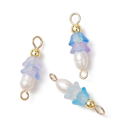 Королевский синий Подвески-шармы из искусственного пресноводного жемчуга и акрила с матовым цветком, с латунными двойными петлями, золотые, королевский синий, 19.5x6 мм, отверстия : 2 mm и 1.5 мм