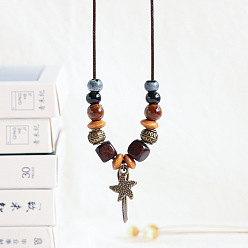 Морская звезда Ожерелья из вощеного шнура с подвеской из сплава, Женские ожерелья из фарфора и дерева, античная бронза, морская звезда, 19.69 дюйм (50 см)