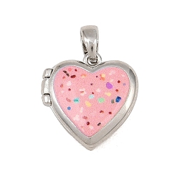 Platinum Printed Brass Locket Pendants, Heart with Dot Charm, Platinum, 16.5x15.5x5.5mm, Hole: 4x3mm, inner size: 11x11.5mm