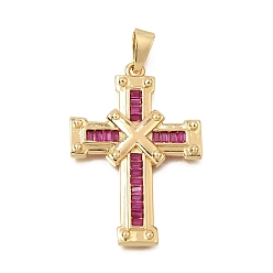 Real 18K Gold Plated Brass Micro Pave Magenta Cubic Zirconia Pendants, Cross Charms, Real 18K Gold Plated, 38x25x3mm, Hole: 8x3.5mm