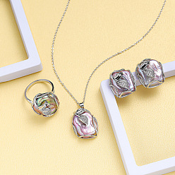 Фиолетовый Ожерелья с подвесками из натурального пресноводного жемчуга, серьги-гвоздики и комплекты колец, комплекты ювелирных изделий из латуни, прямоугольник с цветочным узором, фиолетовые, 400 мм