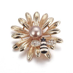 Золотой Латунные кабошоны, с оболочкой жемчуг, стразами и эмалью, цветок с пчелами, золотые, 45x41x14 мм