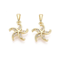 Настоящее золото 18K Латунные микропаве прозрачные подвески с фианитом, прелести морская звезда, реальный 18 k позолоченный, 16x14x3 мм, отверстие : 6x3 мм