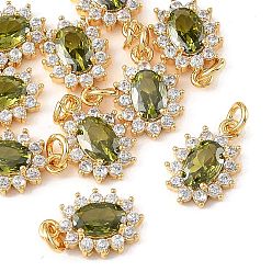 Olive Drab SHEGRACE Brass Micro Pave Cubic Zirconia Pendants, Cadmium Free & Nickel Free & Lead Free, Flower Charms, Real 18K Gold Plated, Olive Drab, 12x8x3mm, Jump Ring: 4x1mm, Inner Diameter: 2mm