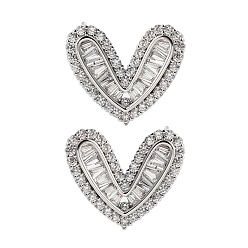 Платина Латунные серьги-гвоздики в форме сердца с покрытием стойки, с четким кубического циркония, без кадмия и без свинца, долговечный, платина, 19x16 мм