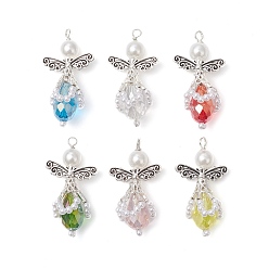 (52) Непрозрачная лаванда Подвески гальванизируйте стекла, ангел, с медной проволокой и бусинами из АБС-пластика, имитирующими жемчуг, и крылом из сплава, граненые, разноцветные, 41x22x15 мм, отверстие : 3~3.5 мм
