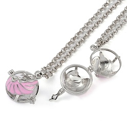Pearl Pink Brass Enamel Pendant Necklaces, Iron Rolo Chains, Round with Footprint Pattern, Platinum, Pearl Pink, 31.77 inch(807mm)
