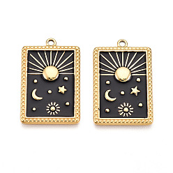 Черный 304 подвески из нержавеющей стали, с эмалью, прямоугольник с подвесками в виде луны, звезды и солнца, ионное покрытие (ip), реальный 18 k позолоченный, чёрные, 28x18x2 мм, отверстие : 1.6 мм
