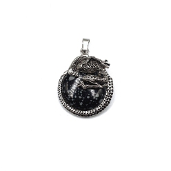Snowflake Obsidian Natural Snowflake Obsidian Pendants, with Antique Silver Alloy Finding, Flat Round with Skull Charms, 40x35mm