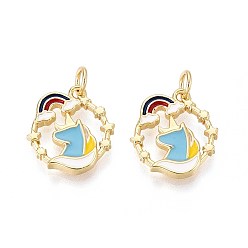 Разноцветный Латунь эмаль подвески, с целью перехода в кольце, очарование единорога, реальный 18 k позолоченный, красочный, 16x14x2 мм, отверстие : 3 мм
