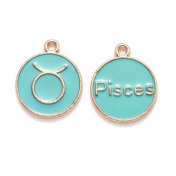 Light Sea Green Alloy Enamel Pendants, Flat Round with Constellation/Zodiac Sign, Light Sea Green, 22x18x2mm, Hole: 1.5mm, about 12pcs/set