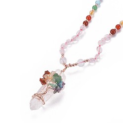 Rose Quartz Natural Rose Quartz Bead Pendant Necklaces, with Natural Mixed Stone Beads, Natural Quartz Crystal and Brass Findings, Tree, 18.11 inch(46cm)