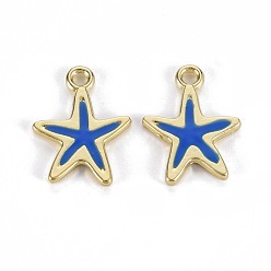 Синий Стойки подвески обшивки сплава, с эмалью, без кадмия и без свинца, морская звезда, золотой свет, синие, 17x13x1.5 мм, отверстие : 1.8 мм