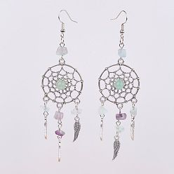 Mixed Stone Woven Net/Web with Feather Alloy Dangle Earrings, with Mixed Stone Beads and Brass Earring Hooks, 102mm, Pin: 0.5mm