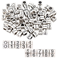 Античное Серебро 100шт 10 стили сплав европейские бусины, бусины с большим отверстием, куб с номером, античное серебро, 7x7x7 мм, отверстие : 5 мм, 10 шт / стиль