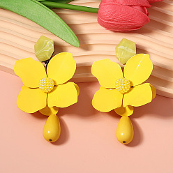 Желтый Серьги-гвоздики из сплава и смолы, цветок с каплей, желтые, 107x55 мм