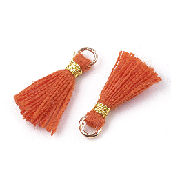 Coral Polycotton(Polyester Cotton) Tassel Pendant Decorations, Mini Tassel, with Iron Findings and Metallic Cord, Light Gold, Coral, 10~15x2~3mm, Hole: 1.5mm