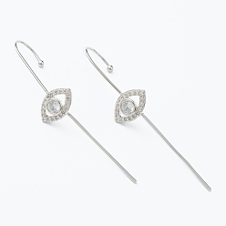 Platinum Brass Micro Pave Clear Cubic Zirconia Ear Wrap Crawler Hook Earrings, Eye, Platinum, 55x13.5mm, Pin: 1mm