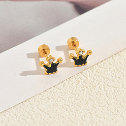 Черный Серьги-гвоздики с короной из нержавеющей стали с эмалью, с четким кубического циркония, золотые, чёрные, 11x8 мм