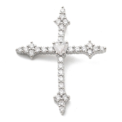 Платина Латунные микропаве прозрачные подвески с фианитом, крестик, стойки покрытие, долговечный, без свинца и без кадмия, платина, 32.5x26.5x4 мм, отверстие : 4x5 мм