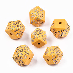Оранжевый Расписные бусы из натурального дерева, лазерная гравировка, граненые, многоугольник с леопардовым принтом, оранжевые, 16x15.5~16.5x15.5~16.5 мм, отверстие : 3 мм