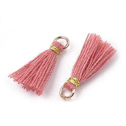 Pale Violet Red Polycotton(Polyester Cotton) Tassel Pendant Decorations, Mini Tassel, with Iron Findings and Metallic Cord, Light Gold, Pale Violet Red, 10~15x2~3mm, Hole: 1.5mm