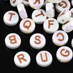 Sienna UV Plating Enamel Acrylic Beads, Iridescent, Mixed Letter, Flat Round, Sienna, 15x7mm, Hole: 2.2mm