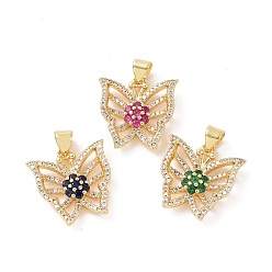 Mixed Color Brass Micro Pave Cubic Zirconia Pendants, Real 18K Gold Plated, Hollow Butterfly with Flower Charm, Mixed Color, 18.5x18x4mm, Hole: 3.5x4.5mm