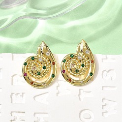 Настоящее золото 18K Серьги-гвоздики из латуни с микропаве из кубического циркония в форме спирали в форме вихря, стойки покрытие, без свинца и без кадмия, долговечный, реальный 18 k позолоченный, 23.5x17.5 мм