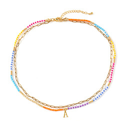 Letter A Красочные подвески с инициалами из бисера, двухслойные ожерелья, 304 ювелирные изделия из нержавеющей стали, золотые, буква a, 16.54 дюйм (42 см)