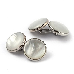 Platinum Natural Shell Cufflinks, Cuff Button, with Brass Findings for Apparel Accessories, Platinum, 17x8mm, Hole: 3mm, Link: 13.5x4.5x1.5mm