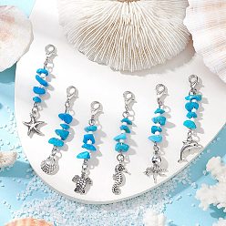 Античный Серебристый & Платиновый Подвесные украшения из сплава в тибетском стиле с морскими животными, с синтетической бирюзовой крошкой и стеклянными бусинами, застежками-лобстерами, старинное серебро и платина, 56~63 мм, 6 шт / комплект