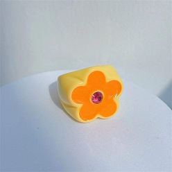 Желтый Кольца из смолы для женщин, цветок, со стразами, желтые, внутренний диаметр: 17 мм