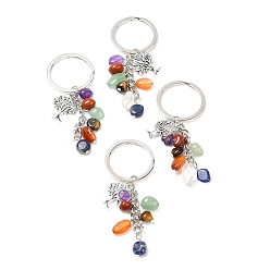 Mixed Stone Natural Gemstone Keychains, with Alloy Tree of Life Charms and Keychain Ring Clasps, 83mm