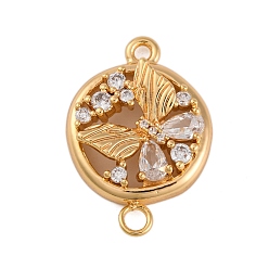 Настоящее золото 18K Латунные подвески из прозрачного кубического циркония, без кадмия, без никеля и без свинца, плоские круглые с бабочкой, реальный 18 k позолоченный, 23.5x16x5 мм, отверстие : 1.8 мм