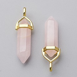 Розовый Кварц Кулоны из натурального розового кварца с двойной окантовкой, с подвеской из случайного сплава с шестигранной головкой, золотые, пуля, 37~40x12.5x10 мм, отверстие : 3x4.5 мм