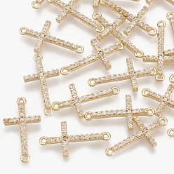 Real 18K Gold Plated Cubic Zirconia Links, Real 18K Gold Plated, with Brass Findings, Sideways Cross, Clear, 17.5x9x1.5mm, Hole: 1mm