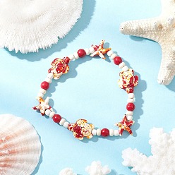 Индийский Красный Синтетические бирюзовые бусины с морскими звездами и черепахами, эластичные браслеты для женщин, Индийская красная, внутренний диаметр: 2-1/8~2-1/4 дюйм (5.3~5.8 см)