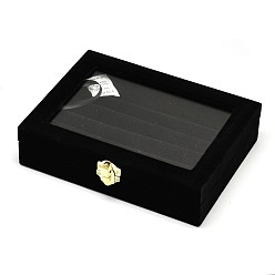 Black Wooden Rectangle Ring Boxes, Covered with Velvet, with Glass and Iron Clasps, Black, 20.2x15.1x4.9cm