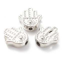 Platinum Rack Plating Alloy Beads, Lead Free & Cadmium Free, Long-Lasting Plated, Hamsa Hand/Hand of Miriam, Platinum, 11x10x3.5mm, Hole: 1.5mm