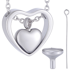 Stainless Steel Color 1Pc 304 Stainless Steel Heart Pendant Urn Ashes Necklaces, with 1Pc 304 Stainless Steel Mini Funnel, with Eye Pins, Non-Tarnish, Stainless Steel Color, 15.98 inch(40.6cm)
