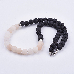 Авантюрин Матовое натуральное розовое авентуриновое ожерелье из бисера, с бусинами из натурального вулканического камня, латунными застежками в виде когтей лобстера и бусинами из сплава, 16.92 дюйм (43 см)