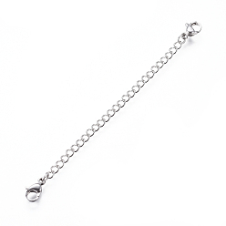 Нержавеющая Сталь Цвет Устойчив к потускнению 304 удлинитель цепи из нержавеющей стали, с обочины цепей и когтя омара застежками, цвет нержавеющей стали, 100x6.5 мм, Кольцо: 4x3x0.6 mm, застежка : 10.5x6.5x3.5 mm