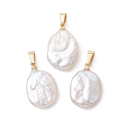 Золотой Подвески из натурального барочного жемчуга Кеши, Овальные подвески в виде монет с 201 защелкивающимися креплениями из нержавеющей стали, белые, золотые, 21~22x14.5x4~5 мм, отверстие : 6x2.5 мм