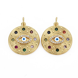Real 16K Gold Plated Brass Micro Pave Cubic Zirconia Pendants, Enamel, with Jump Rings, Nickel Free, Flat Round with Eye, Real 16K Gold Plated, 21x19x2.5mm, Jump Ring: 5x1mm, 3mm inner diameter