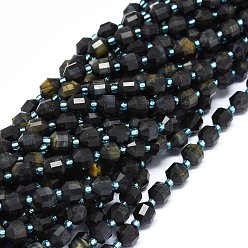 Tiger Eye Natural Tiger Eye Beads Strands, with Seed Beads, Bicone, Double Terminated Point Prism Beads, Faceted, Dyed & Heated, 7~8x7~8mm, Hole: 0.8mm, about 38pcs/strand, 15.35 inch(39cm)