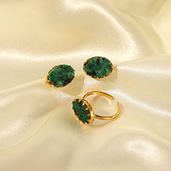 Настоящее золото 18K Простой модный комплект из овального кольца-манжеты и серег-гвоздиков из натурального драгоценного камня, 304 нержавеющей стали ювелирных изделий, реальный 18 k позолоченный